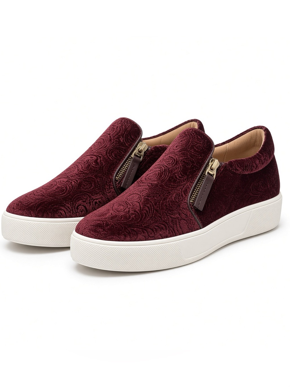 NWOB Volatile Burgundy Velvet Zip Slip-On Sneakers 7.5